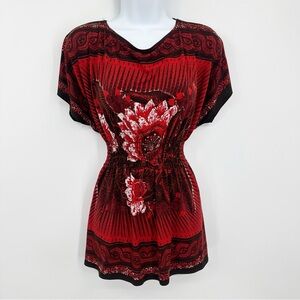 Vintage Y2K Red Floral Cinched Waist Short Sleeve Shirt Size Medium Whimsical